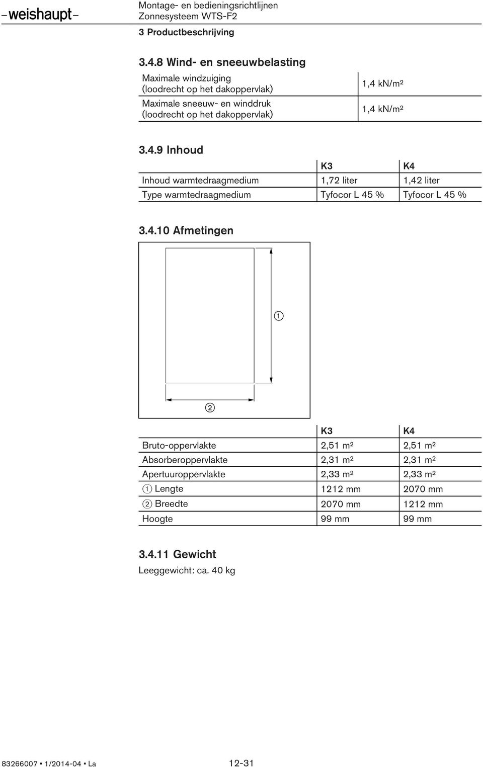 1,4 kn/m² 1,4 kn/m² 3.4.9 Inhoud K3 K4 Inhoud warmtedraagmedium 1,72 liter 1,42 liter Type warmtedraagmedium Tyfocor L 45 % Tyfocor L 45 %