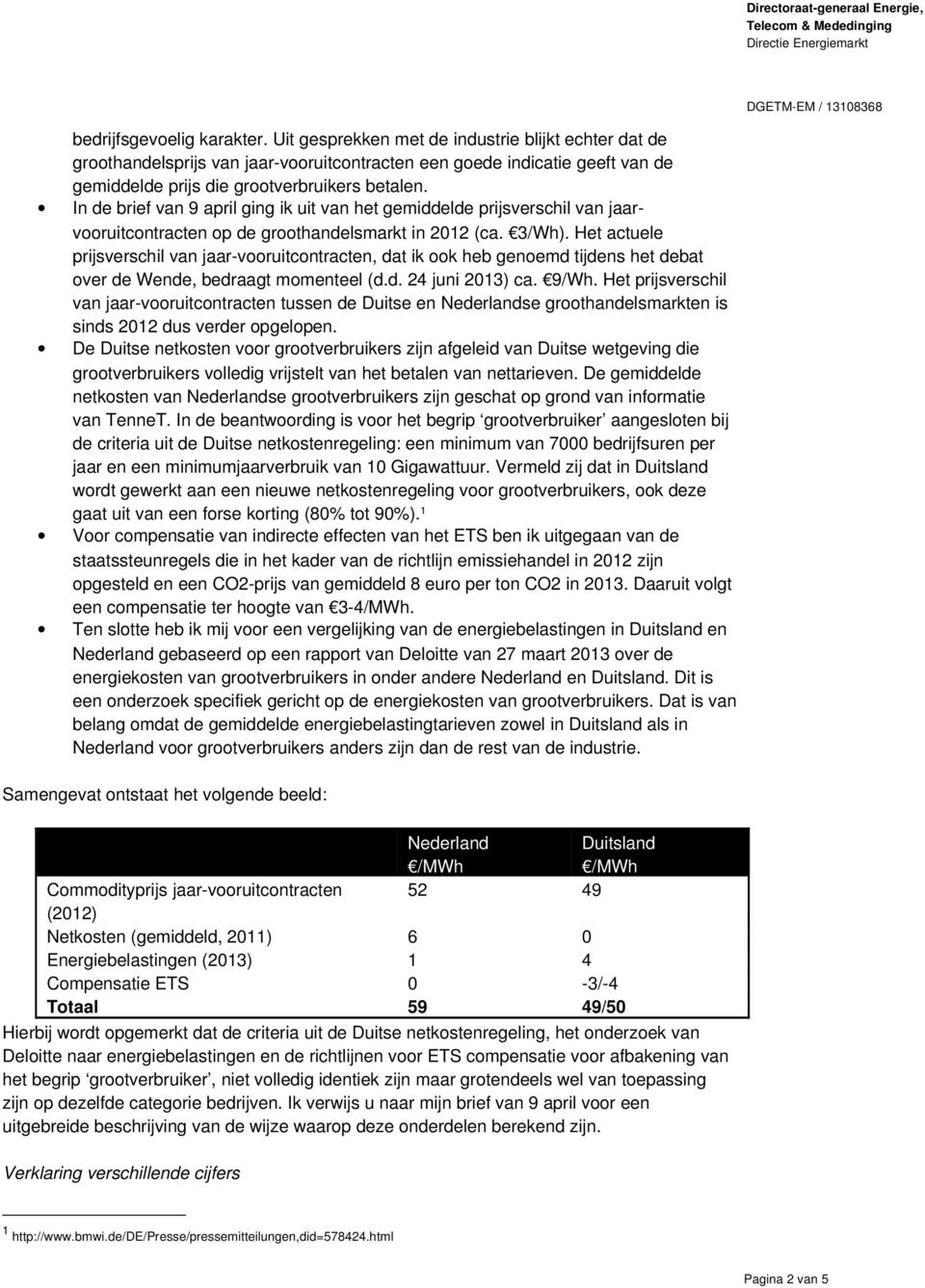 In de brief van 9 april ging ik uit van het gemiddelde prijsverschil van jaarvooruitcontracten op de groothandelsmarkt in 2012 (ca. 3/Wh).