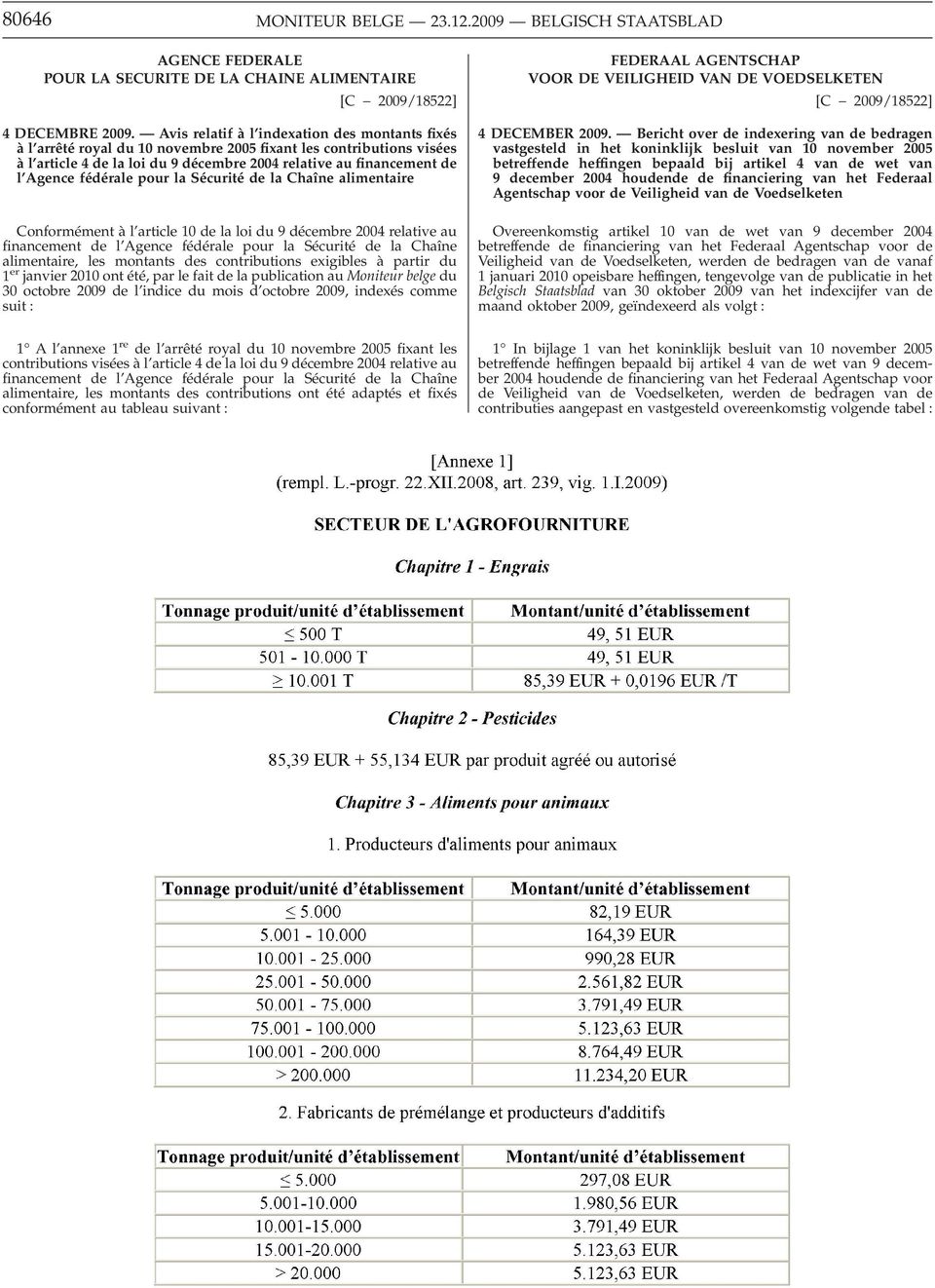 Avis relatif à l indexation des montants fixés à l arrêté royal du 10 novembre 2005 fixant les contributions visées à l article 4 de la loi du 9 décembre 2004 relative au financement de l Agence