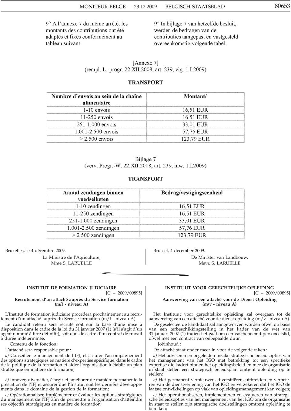 LARUELLE Brussel, 4 december 2009. * De Minister van Landbouw, Mevr. S.