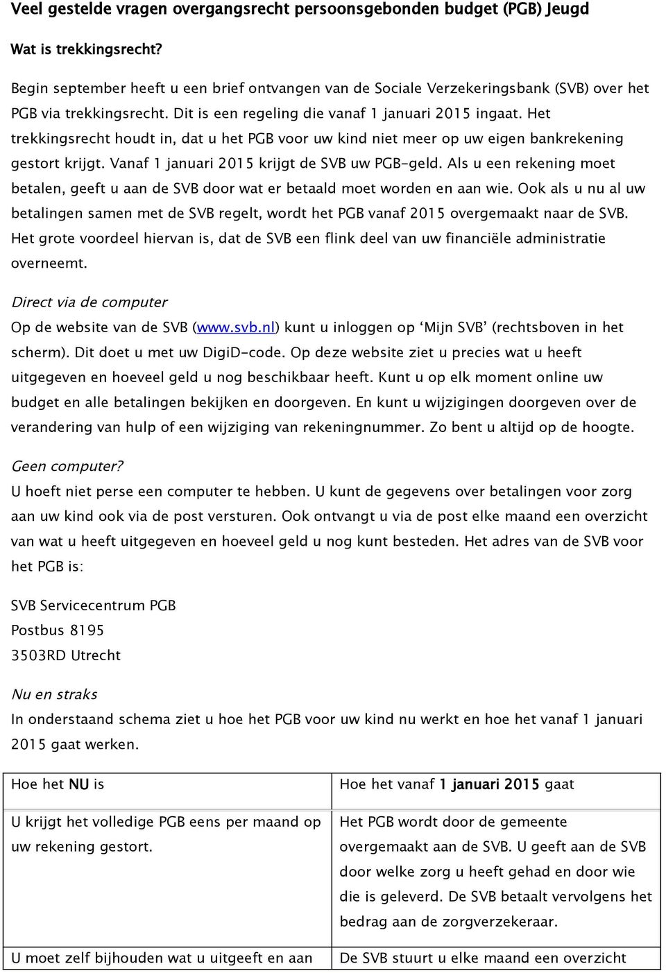 Het trekkingsrecht houdt in, dat u het PGB voor uw kind niet meer op uw eigen bankrekening gestort krijgt. Vanaf 1 januari 2015 krijgt de SVB uw PGB-geld.