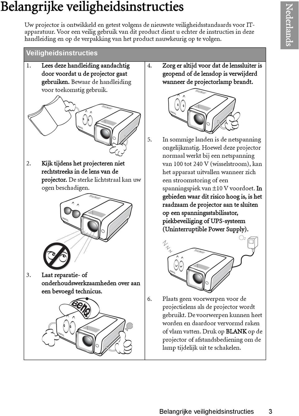 Lees deze handleiding aandachtig door voordat u de projector gaat gebruiken. Bewaar de handleiding voor toekomstig gebruik. 4.