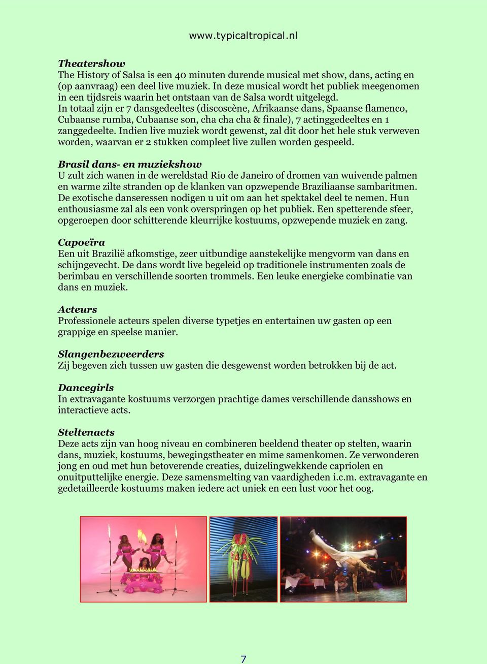 In totaal zijn er 7 dansgedeeltes (discoscène, Afrikaanse dans, Spaanse flamenco, Cubaanse rumba, Cubaanse son, cha cha cha & finale), 7 actinggedeeltes en 1 zanggedeelte.