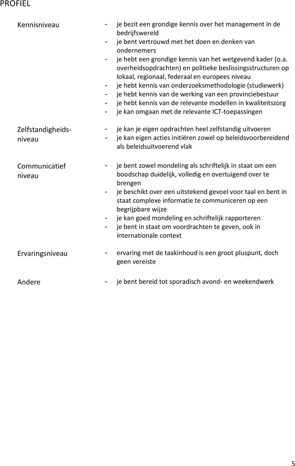 werking van een provinciebestuur - je hebt kennis van de relevante modellen in kwaliteitszorg - je kan omgaan met de relevante ICT-toepassingen Zelfstandigheidsniveau Communicatief niveau - je kan je