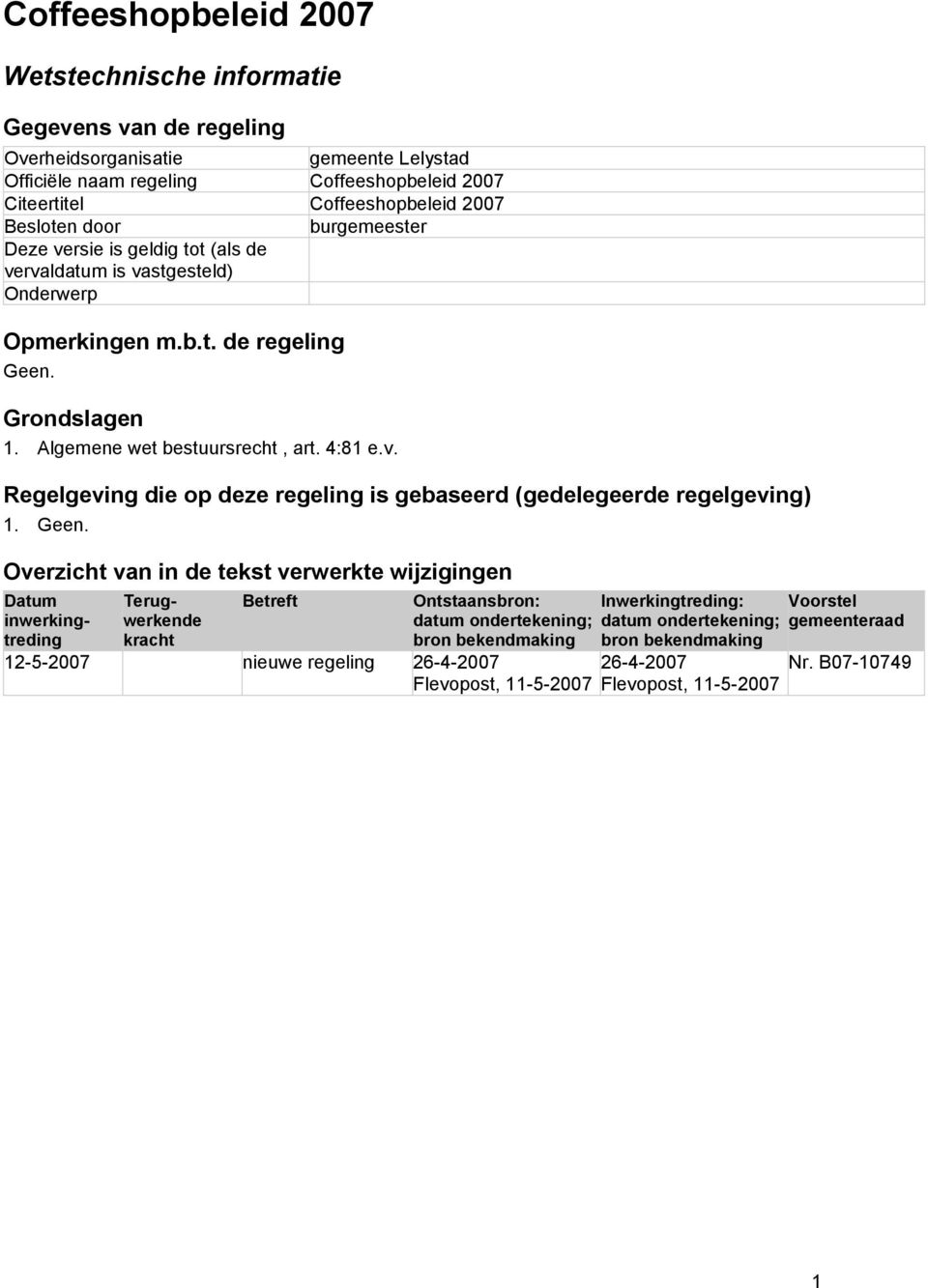 Geen. Overzicht van in de tekst verwerkte wijzigingen Datum inwerkingtreding Terugwerkende kracht Betreft Ontstaansbron: datum ondertekening; bron bekendmaking 12-5-2007 nieuwe regeling 26-4-2007