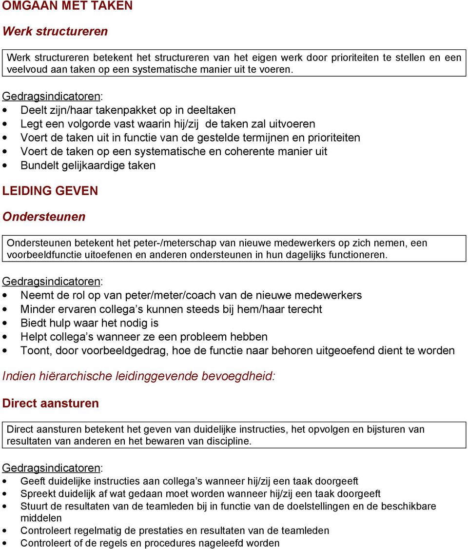 systematische en coherente manier uit Bundelt gelijkaardige taken LEIDING GEVEN Ondersteunen Ondersteunen betekent het peter-/meterschap van nieuwe medewerkers op zich nemen, een voorbeeldfunctie