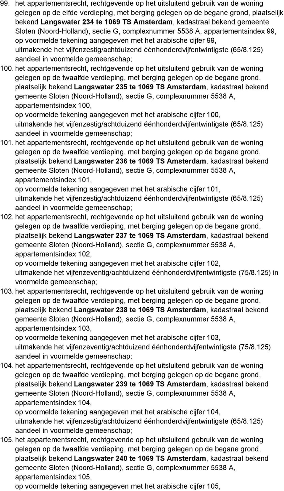 het appartementsrecht, rechtgevende op het uitsluitend gebruik van de woning gelegen op de twaalfde verdieping, met berging gelegen op de begane grond, plaatselijk bekend Langswater 235 te 1069 TS