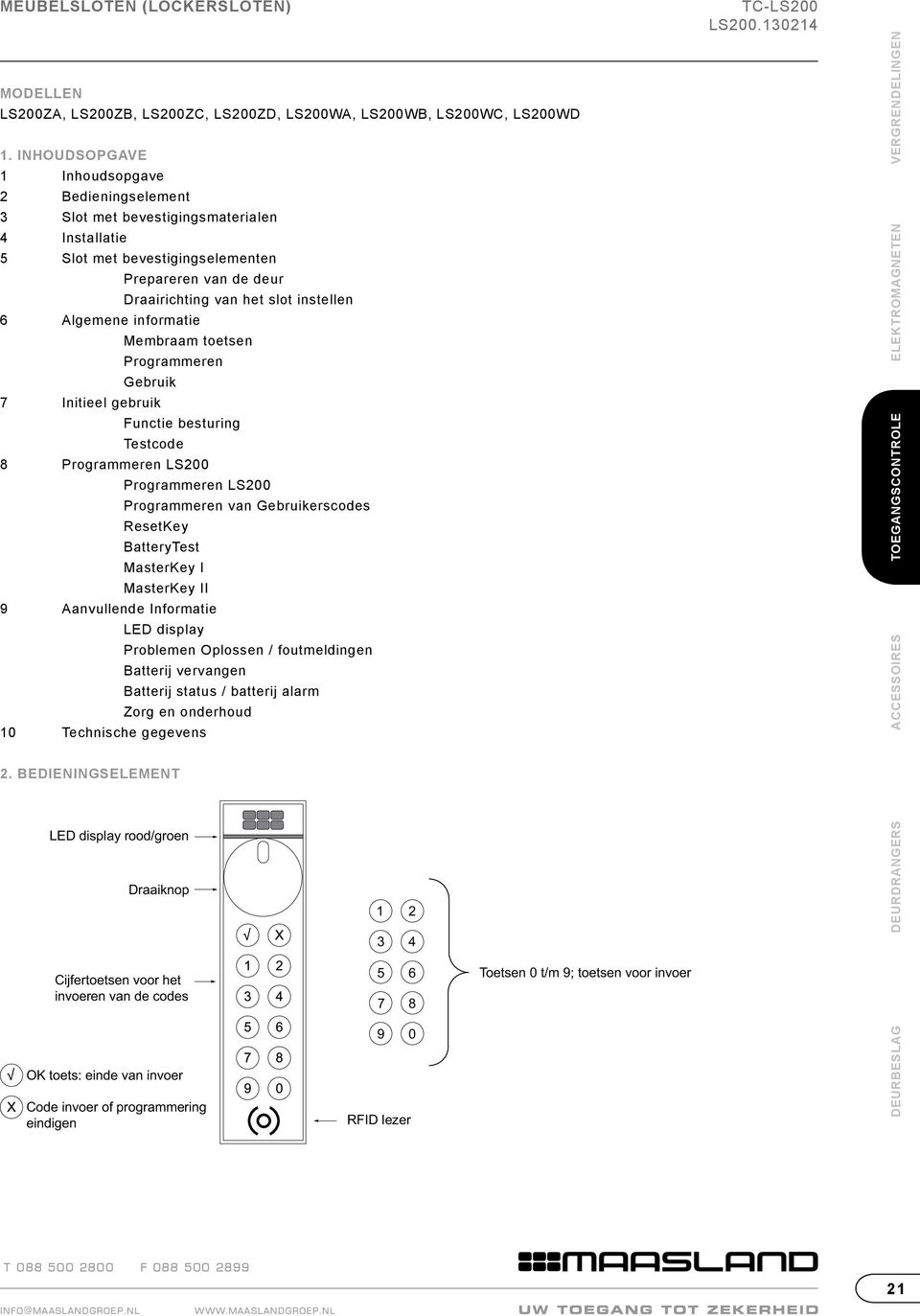 Algemene informatie Membraam toetsen Programmeren Gebruik 7 Initieel gebruik Functie besturing Testcode 8 Programmeren LS200 Programmeren LS200 Programmeren van Gebruikerscodes ResetKey BatteryTest