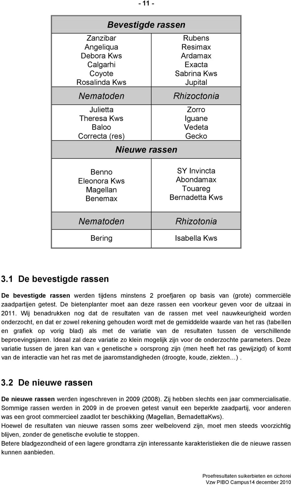 1 De bevestigde rassen De bevestigde rassen werden tijdens minstens 2 proefjaren op basis van (grote) commerciële zaadpartijen getest.