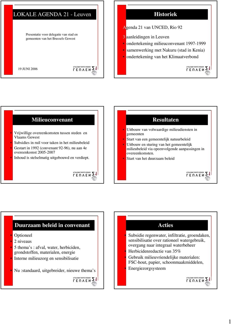 taken in het milieubeleid Gestart in 1992 (convenant 92-96), nu aan 4e overeenkomst 2005-2007 Inhoud is stelselmatig uitgebouwd en verdiept.