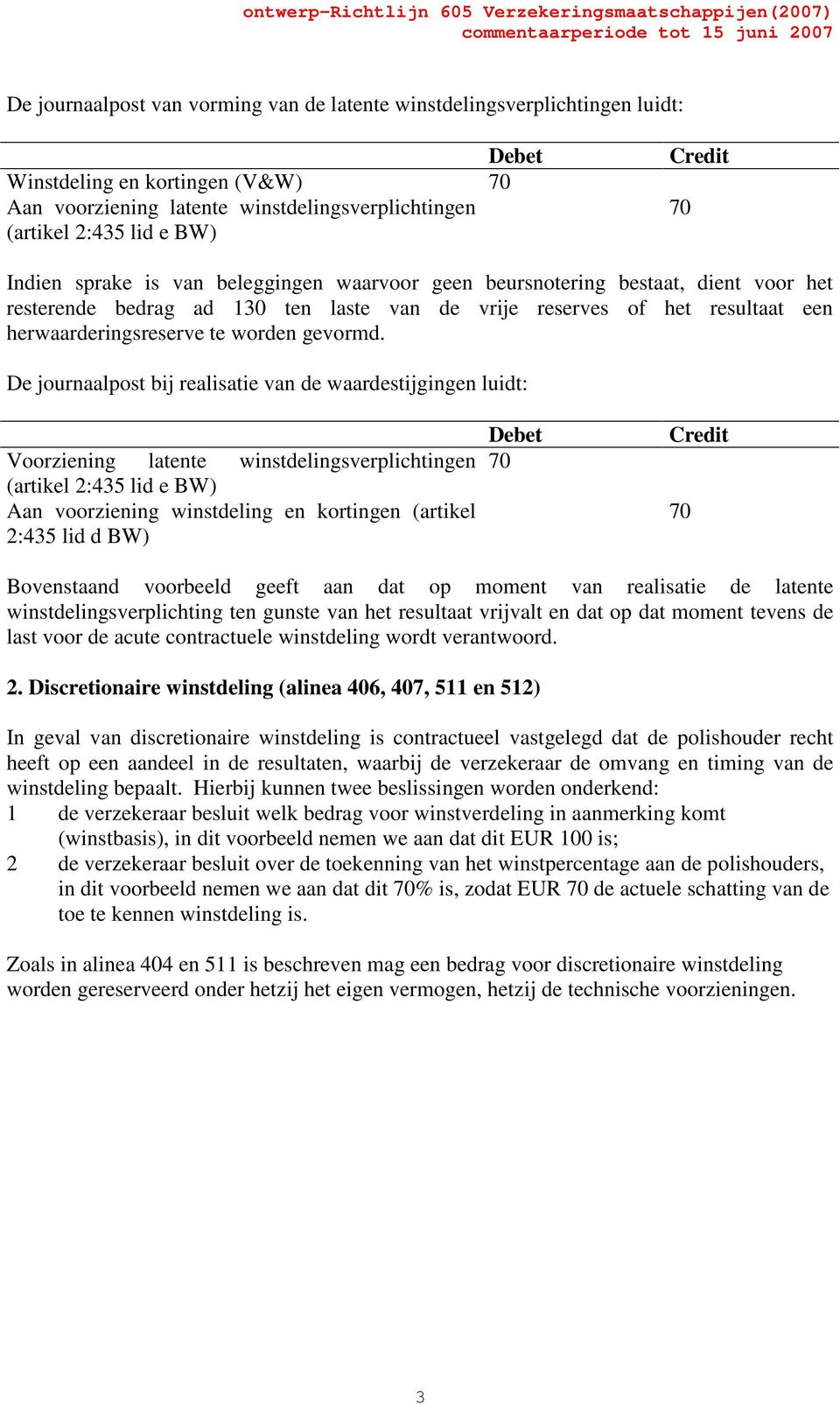 De journaalpost bij realisatie van de waardestijgingen luidt: Voorziening latente winstdelingsverplichtingen (artikel 2:435 lid e BW) Aan voorziening winstdeling en kortingen (artikel 2:435 lid d BW)