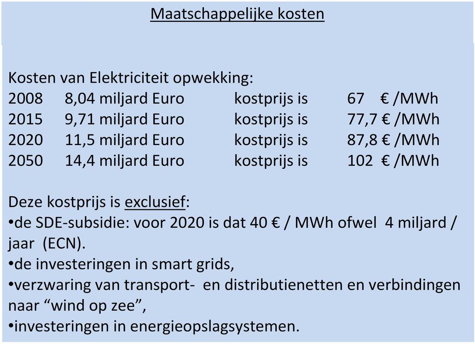 kostprijs is exclusief: de SDE-subsidie: voor 2020 is dat 40 / MWh ofwel 4 miljard / jaar (ECN).