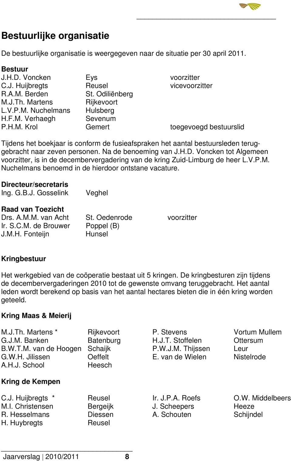 Na de benoeming van J.H.D. Voncken tot Algemeen voorzitter, is in de decembervergadering van de kring Zuid-Limburg de heer L.V.P.M. Nuchelmans benoemd in de hierdoor ontstane vacature.