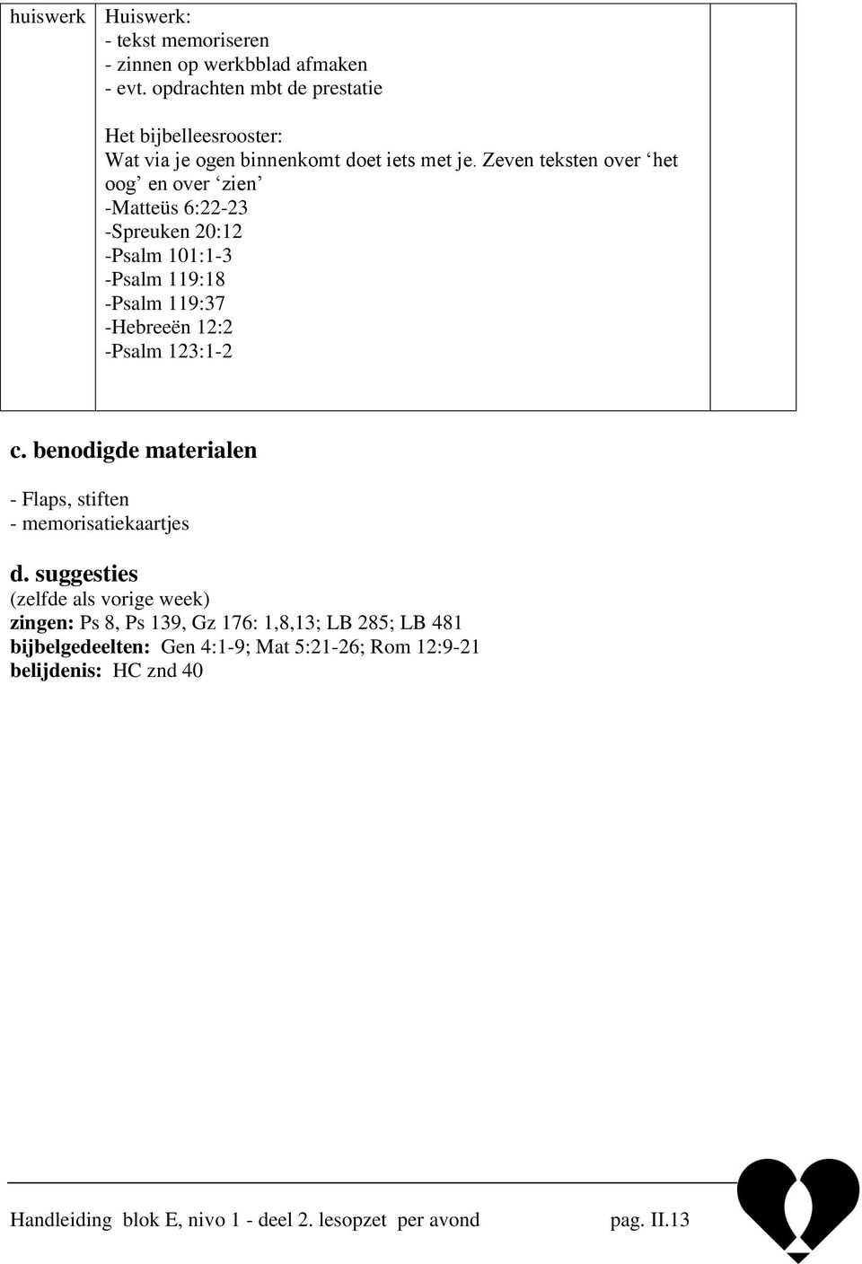 Zeven teksten over het oog en over zien -Matteüs 6:22-23 -Spreuken 20:12 -Psalm 101:1-3 -Psalm 119:18 -Psalm 119:37 -Hebreeën 12:2 -Psalm