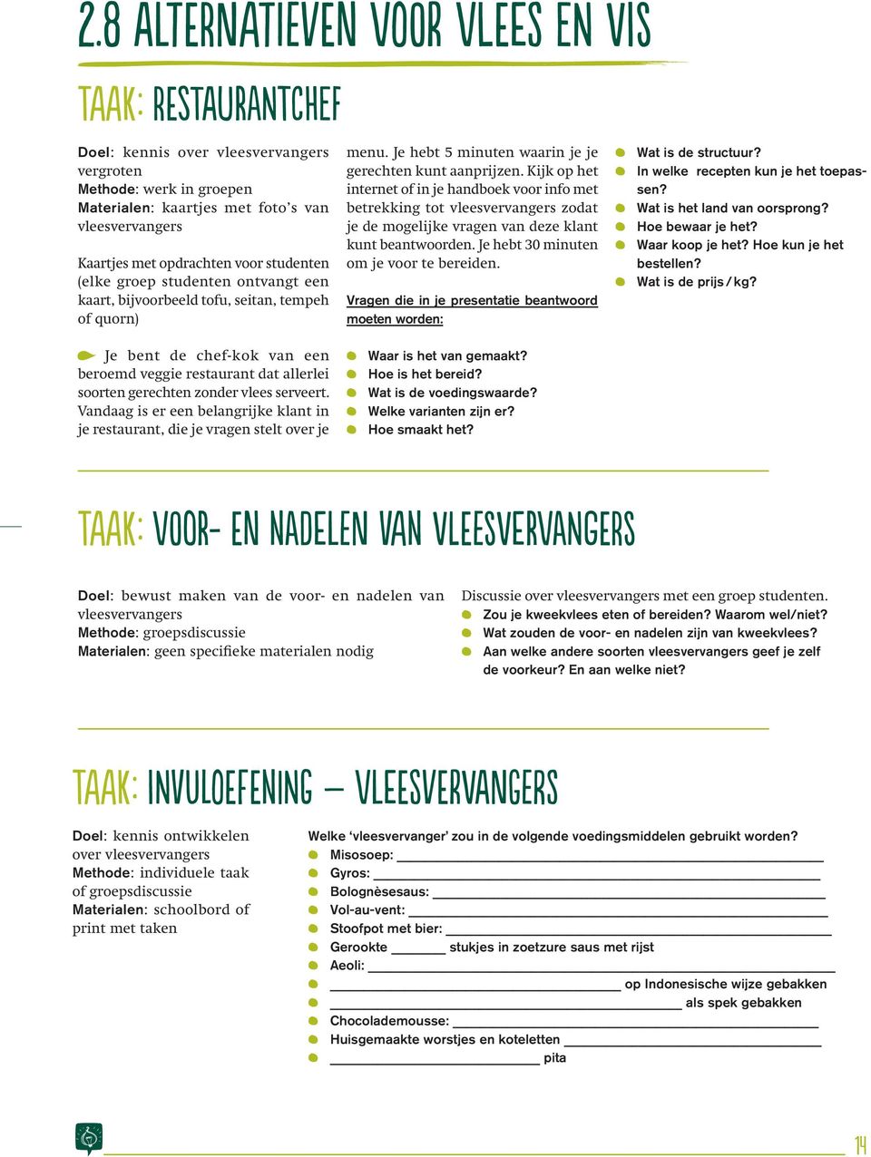 Kijk op het internet of in je handboek voor info met betrekking tot vleesvervangers zodat je de mogelijke vragen van deze klant kunt beantwoorden. Je hebt 30 minuten om je voor te bereiden.