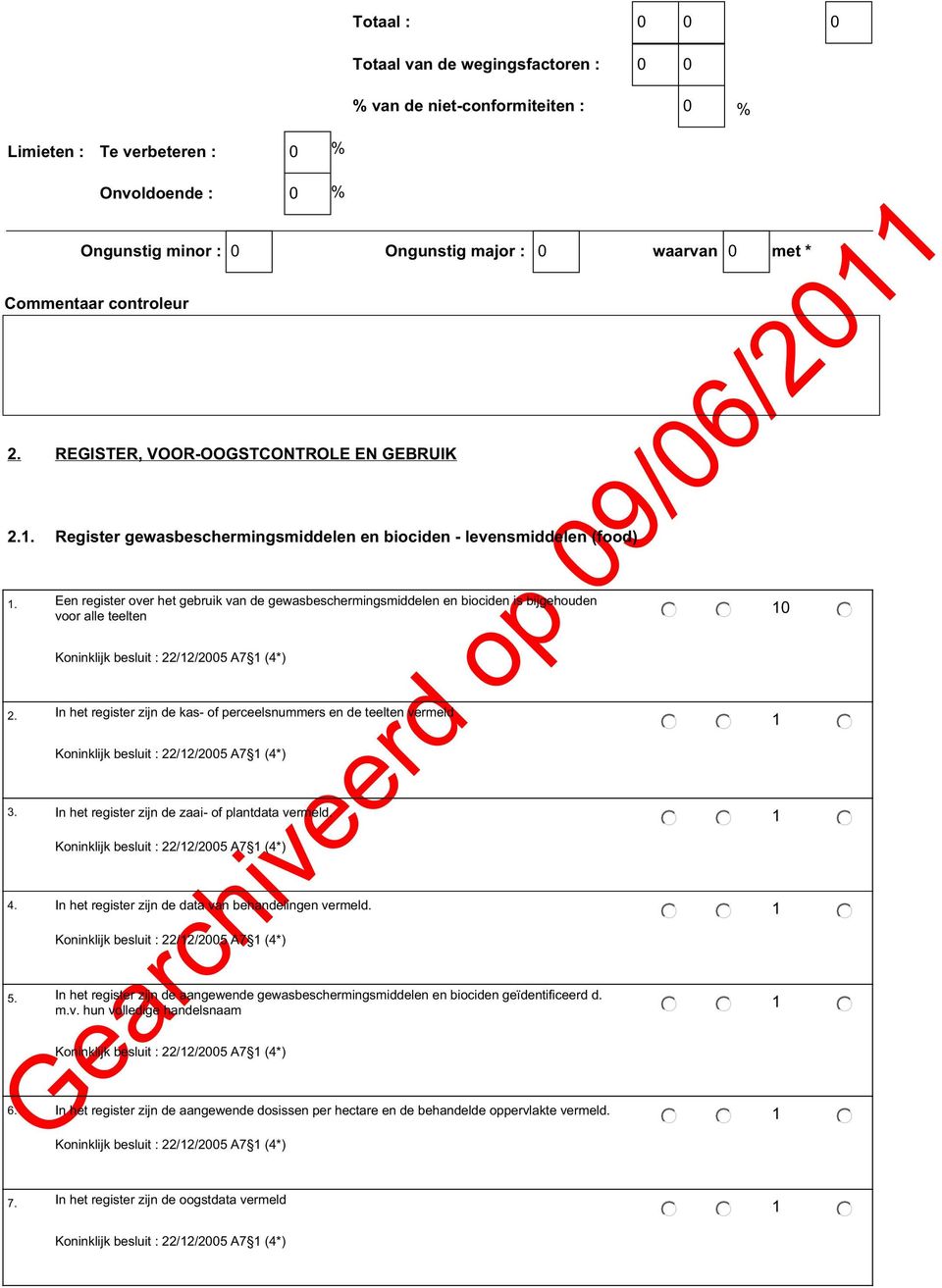 Een register over het gebruik van de gewasbeschermingsmiddelen en biociden is bijgehouden voor alle teelten Koninklijk besluit : 22/2/25 A7 (4*) 2.