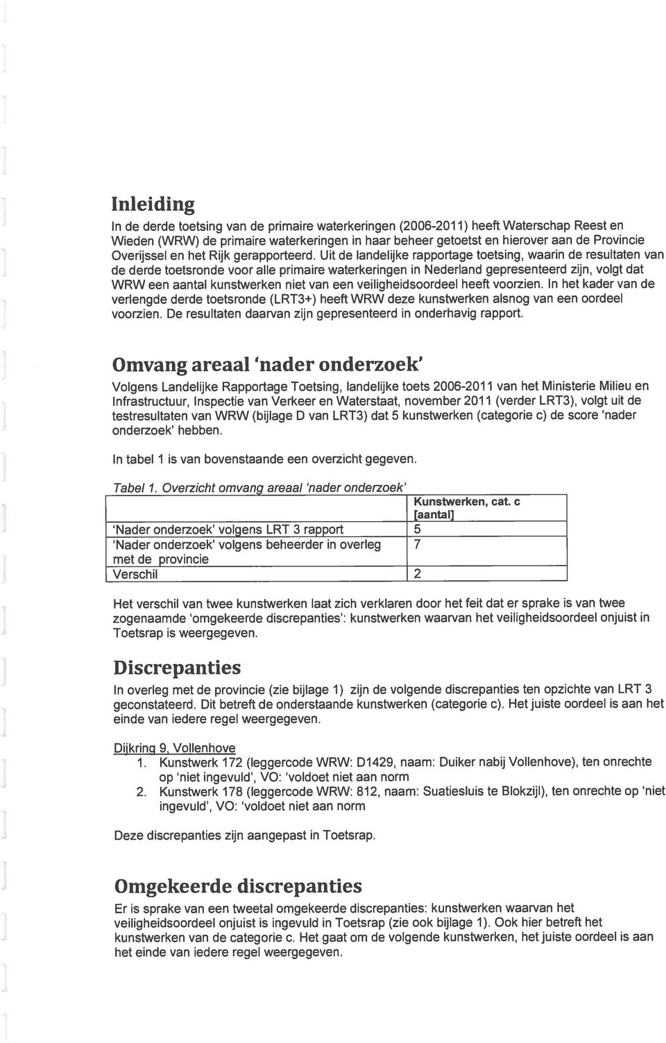 Uit de landelijke rapportage toetsing, waarin de resultaten van de derde toetsronde voor alle primaire waterkeringen in Nederland gepresenteerd zijn, volgt dat WRW een aantal kunstwerken niet van een