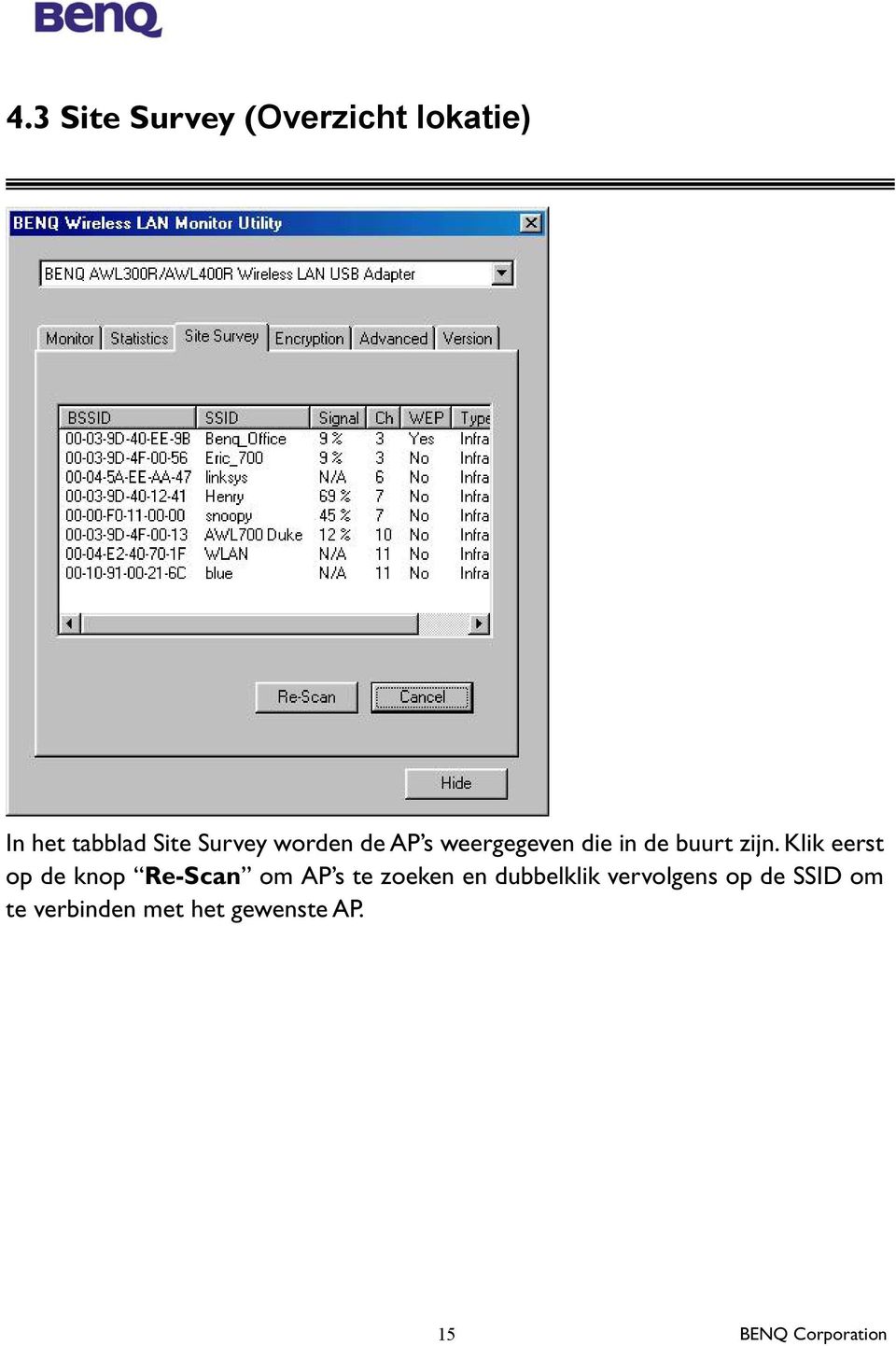 Klik eerst op de knop Re-Scan om AP s te zoeken en