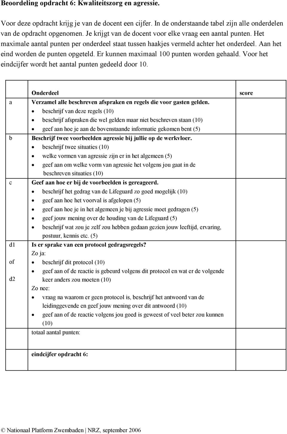 Er kunnen maximaal 100 punten worden gehaald. Voor het eindcijfer wordt het aantal punten gedeeld door 10. a b c d1 of d2 Onderdeel Verzamel alle beschreven afspraken en regels die voor gasten gelden.