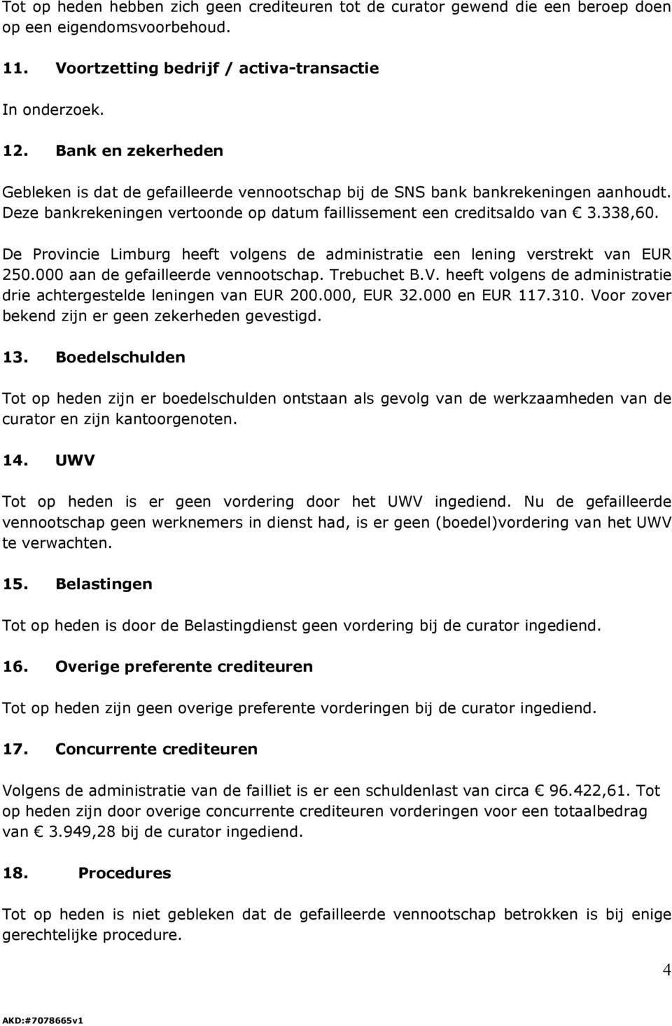 De Provincie Limburg heeft volgens de administratie een lening verstrekt van EUR 250.000 aan de gefailleerde vennootschap. Trebuchet B.V.