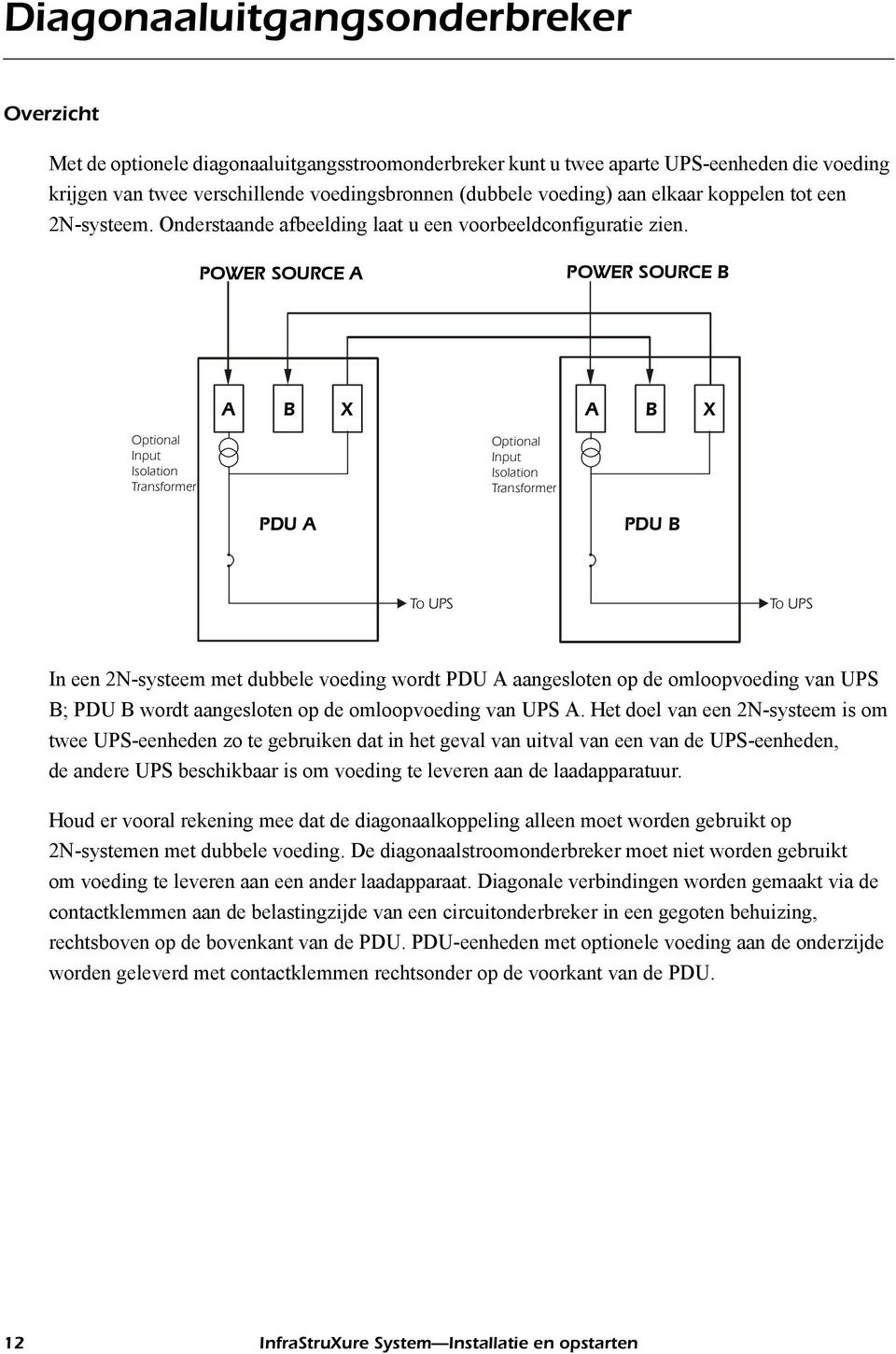 POWER SOURCE A POWER SOURCE B A B X A B X Optional Input Isolation Transformer Optional Input Isolation Transformer PDU A PDU B To UPS To UPS In een 2N-systeem met dubbele voeding wordt PDU A