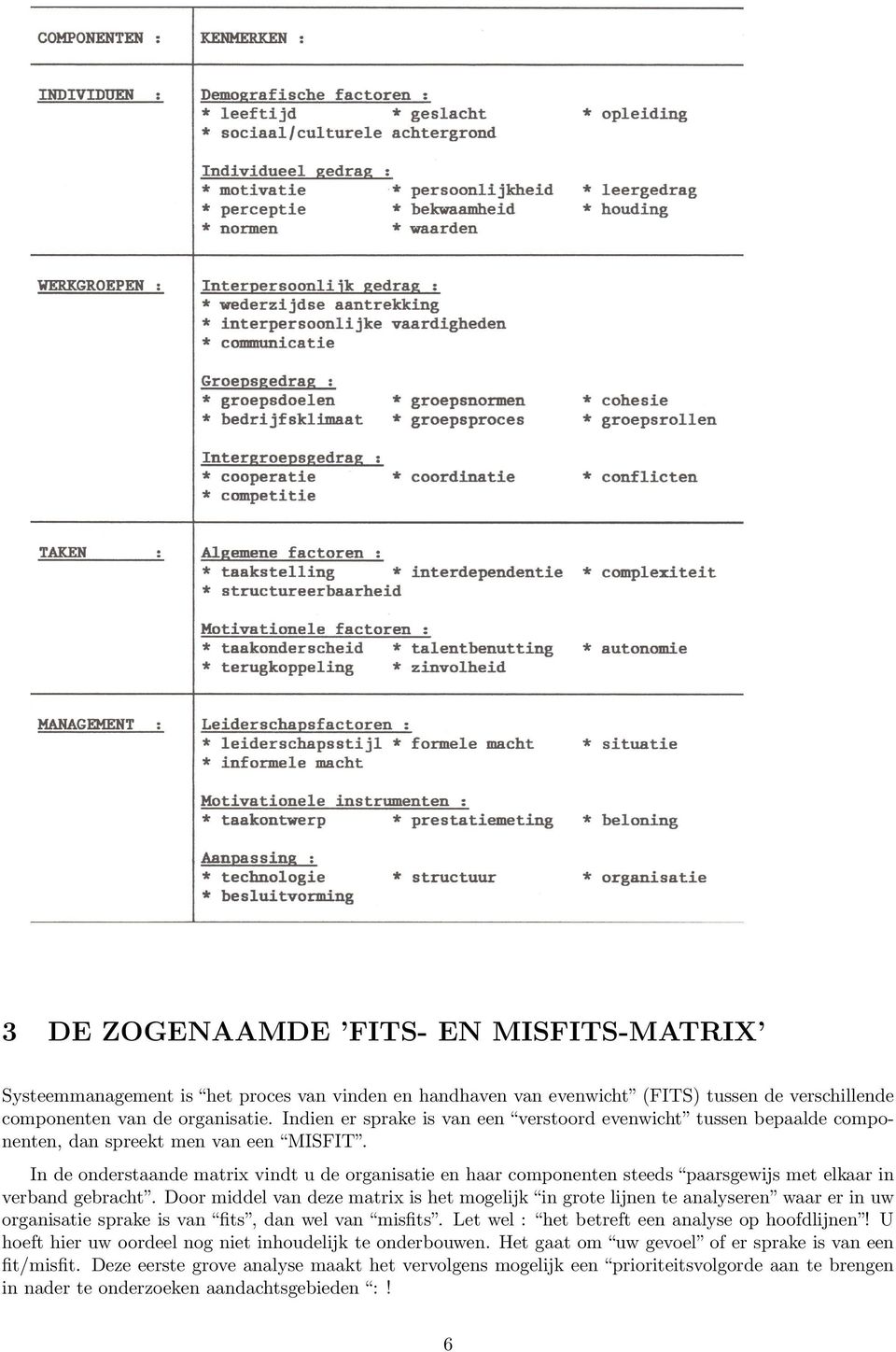 In de onderstaande matrix vindt u de organisatie en haar componenten steeds paarsgewijs met elkaar in verband gebracht.