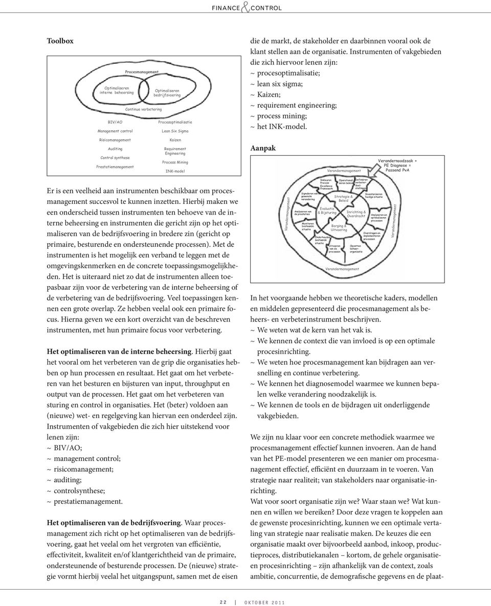 Instrumenten of vakgebieden die zich hiervoor lenen zijn: ~ procesoptimalisatie; ~ lean six sigma; ~ Kaizen; ~ requirement engineering; ~ process mining; ~ het INK-model.