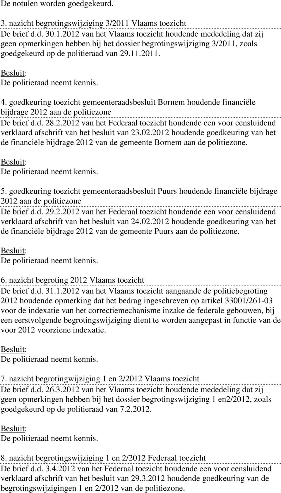 2012 van het Vlaams toezicht houdende mededeling dat zij geen opmerkingen hebben bij het dossier begrotingswijziging 3/2011, zoals goedgekeurd op de politieraad van 29.11.2011. 4.