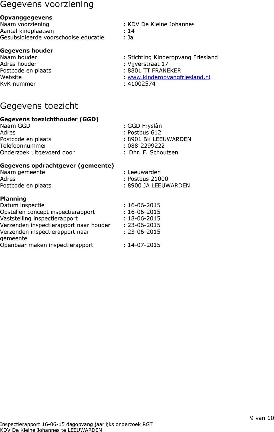 nl KvK nummer : 41002574 Gegevens toezicht Gegevens toezichthouder (GGD) Naam GGD : GGD Fryslân Adres : Postbus 612 Postcode en plaats : 8901 BK LEEUWARDEN Telefoonnummer : 088-2299222 Onderzoek