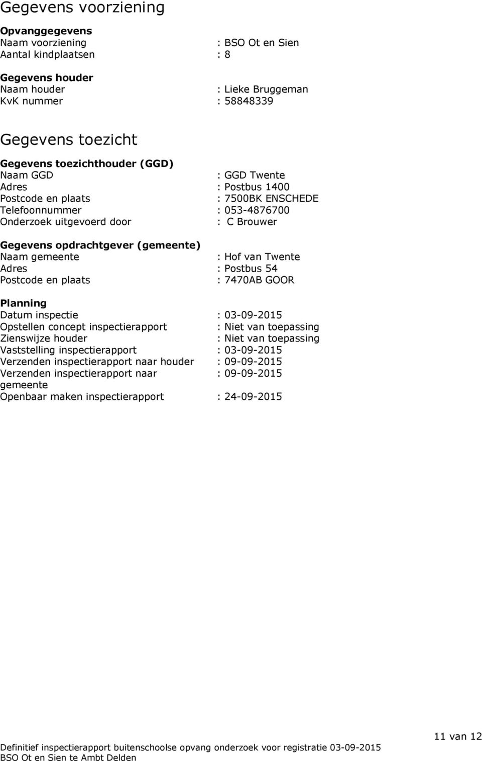 (gemeente) Naam gemeente : Hof van Twente Adres : Postbus 54 Postcode en plaats : 7470AB GOOR Planning Datum inspectie : 03-09-2015 Opstellen concept inspectierapport : Niet van toepassing Zienswijze