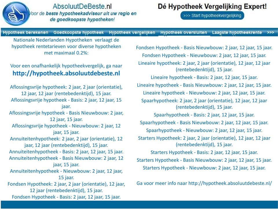 jaar, 12 jaar, 15 Aflossingsvrije hypotheek -Nieuwbouw: 2 jaar, 12 jaar, 15 Annuiteitenhypotheek: 2 jaar, 2 jaar (orientatie), 12 jaar, 12 jaar (rentebedenktijd), 15 Annuiteitenhypotheek - Basis: 2