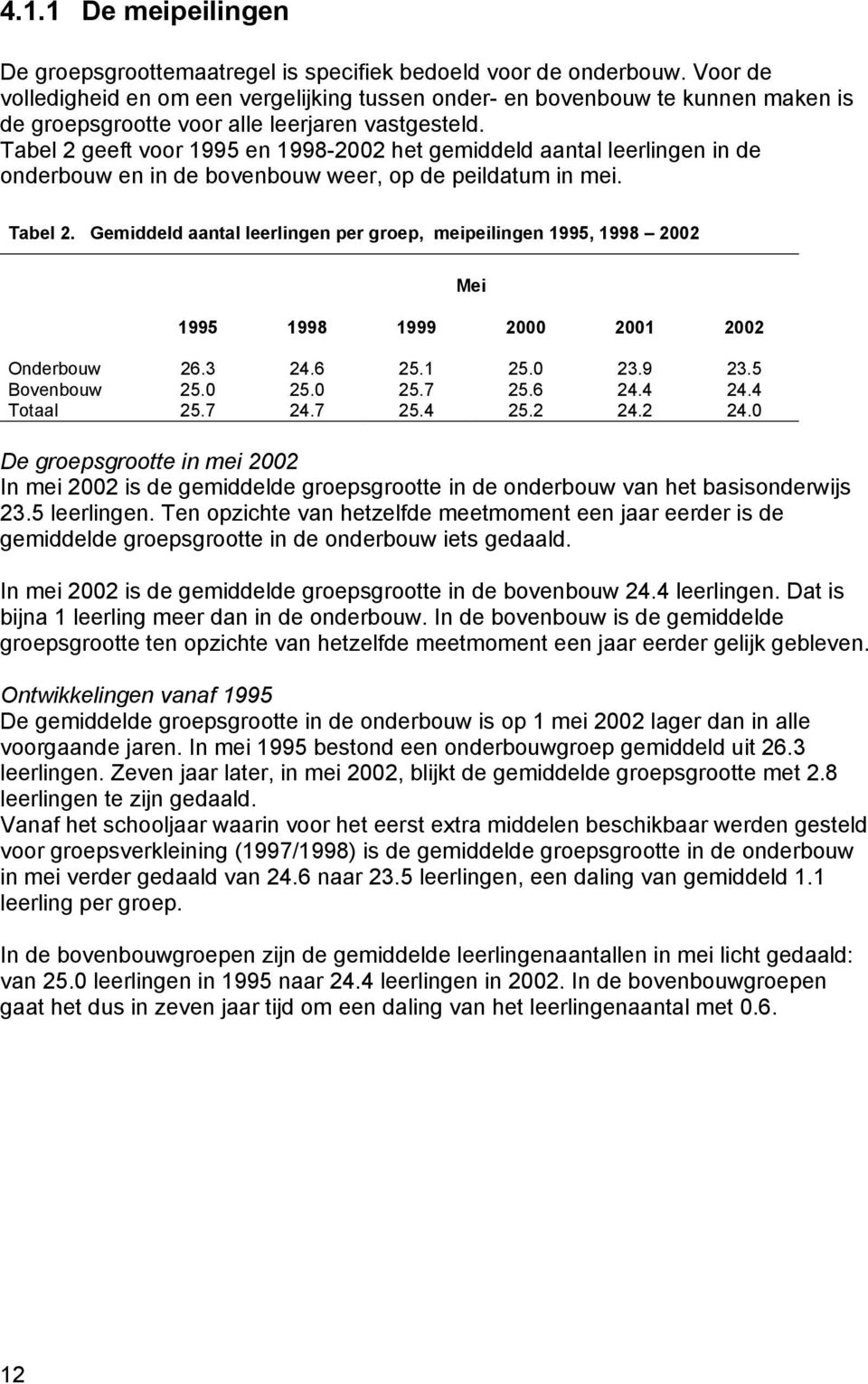 Tabel 2 geeft voor 1995 en 1998-2002 het gemiddeld aantal leerlingen in de onderbouw en in de bovenbouw weer, op de peildatum in mei. Tabel 2.