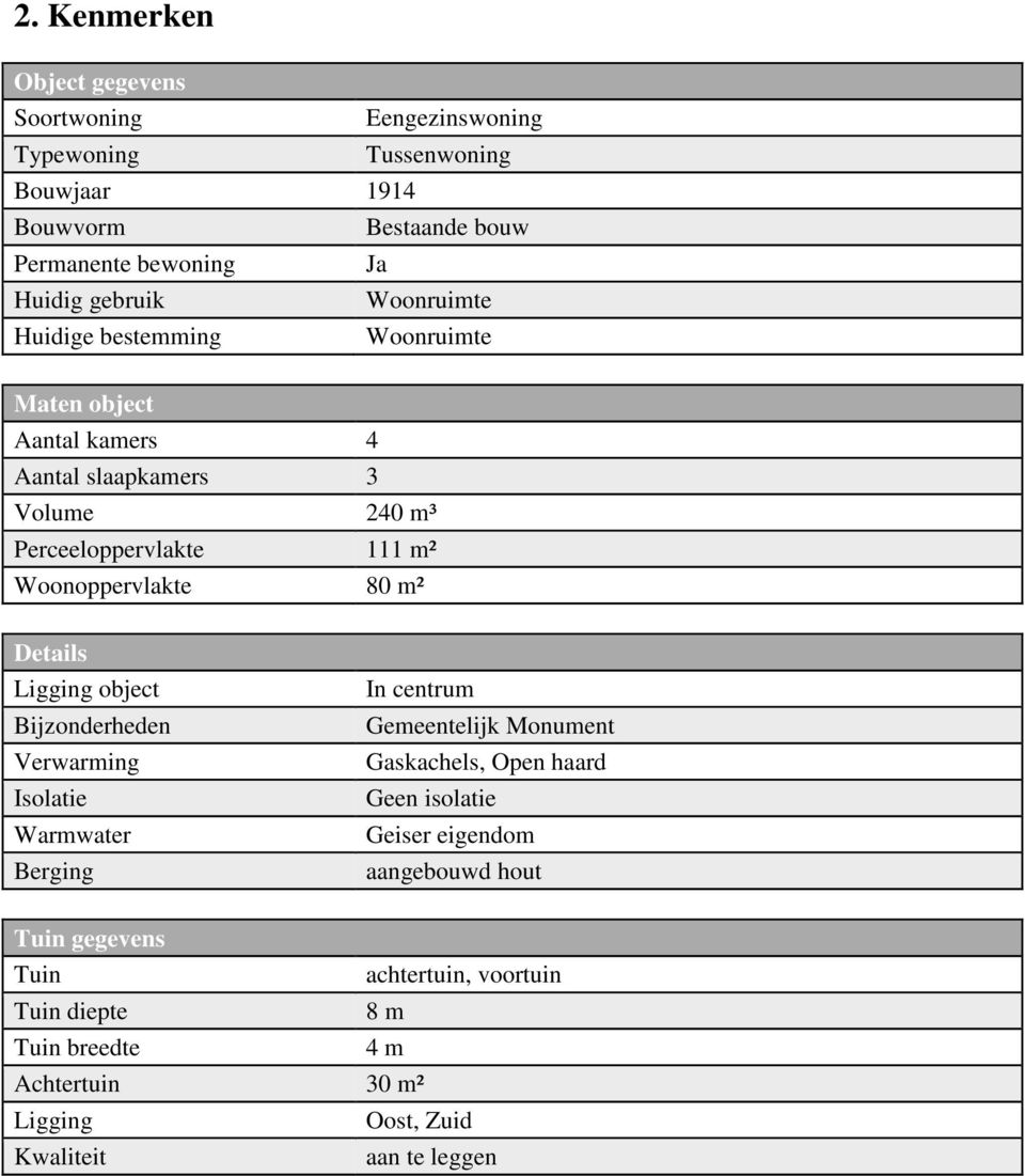 Woonoppervlakte 80 m² Details Ligging object Bijzonderheden Verwarming Isolatie Warmwater Berging In centrum Gemeentelijk Monument Gaskachels, Open haard