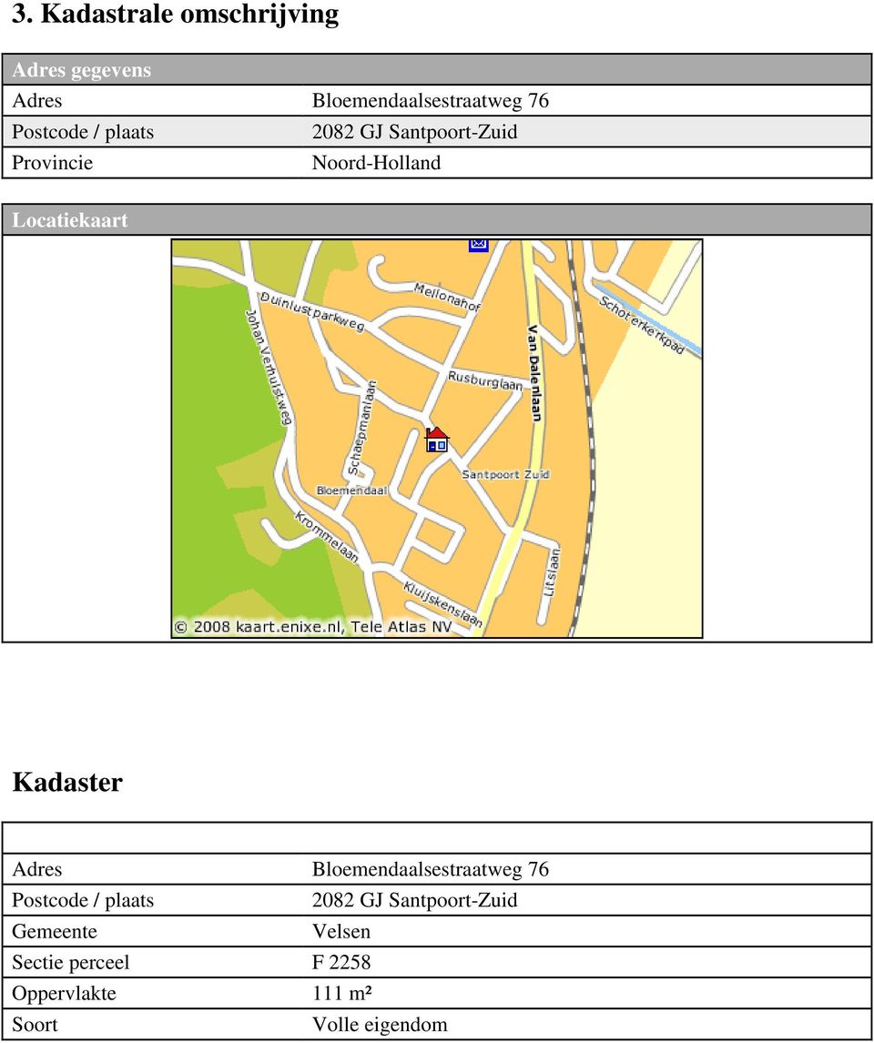 Kadastrale gegevens Adres Bloemendaalsestraatweg 76 Postcode / plaats 2082 GJ
