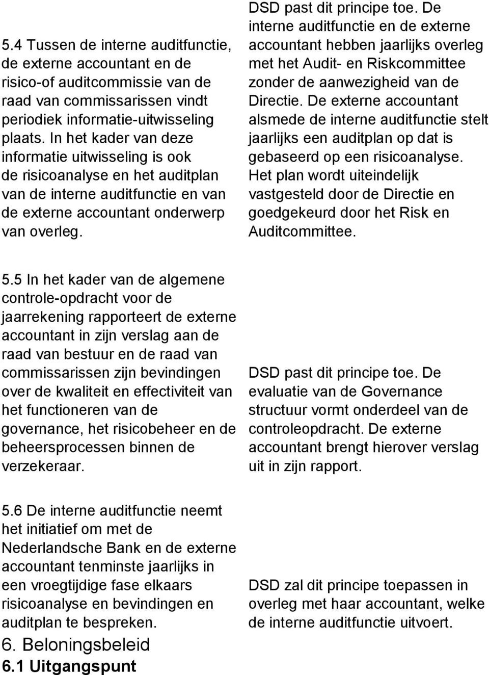 De interne auditfunctie en de externe accountant hebben jaarlijks overleg met het Audit- en Riskcommittee zonder de aanwezigheid van de Directie.