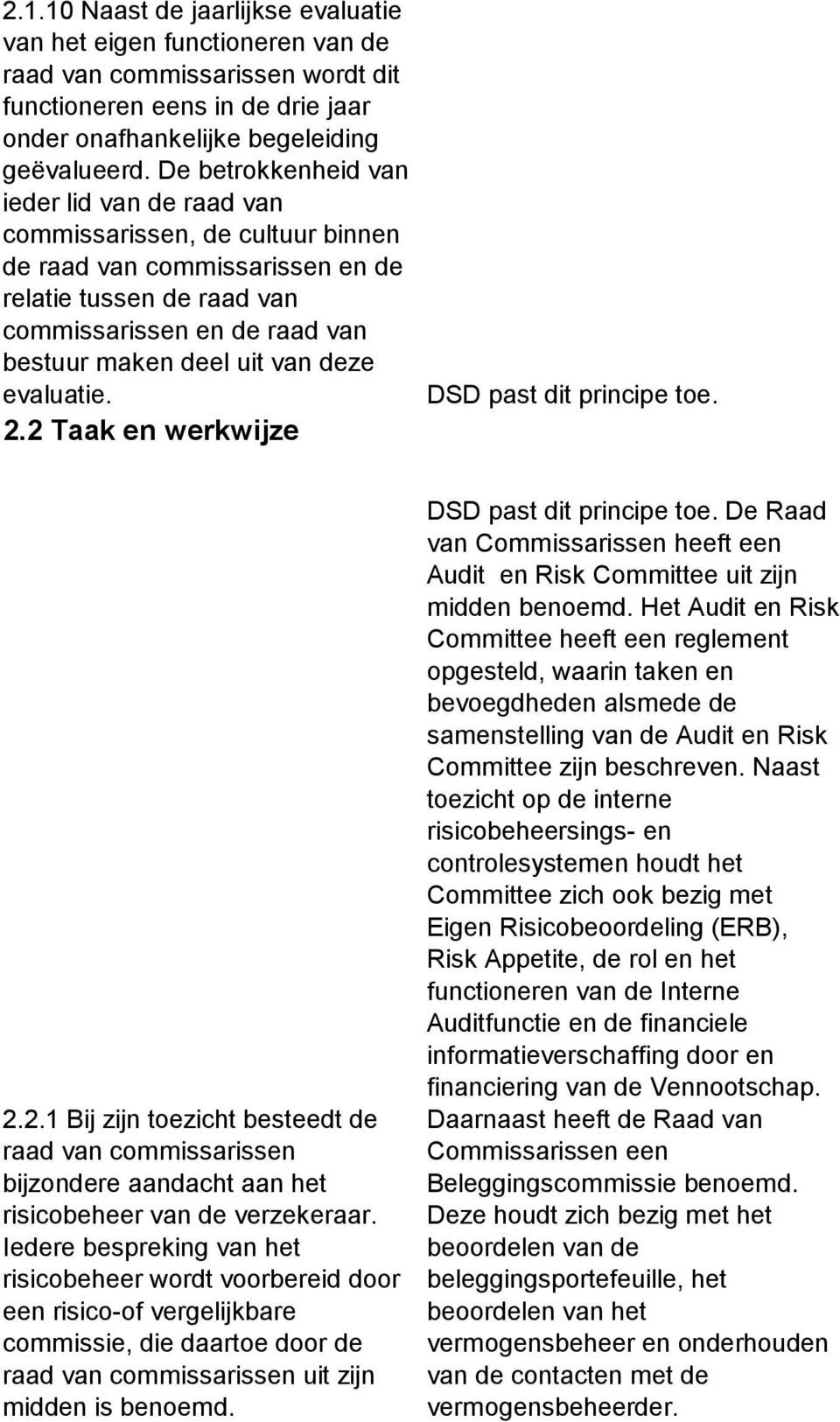 deze evaluatie. 2.2 Taak en werkwijze DSD past dit principe toe. 2.2.1 Bij zijn toezicht besteedt de raad van commissarissen bijzondere aandacht aan het risicobeheer van de verzekeraar.