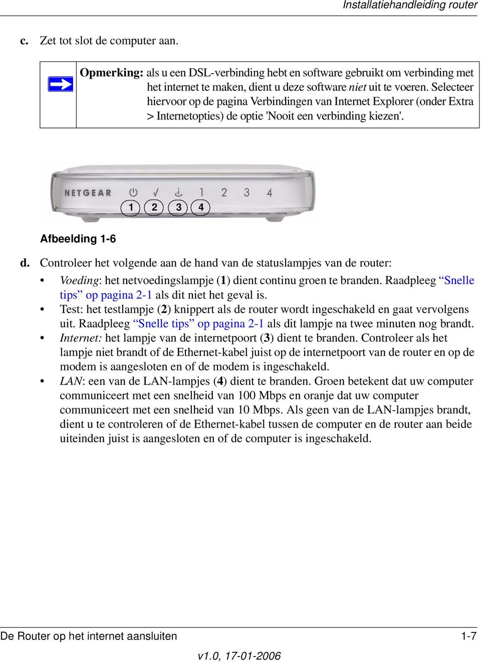 Controleer het volgende aan de hand van de statuslampjes van de router: Voeding: het netvoedingslampje (1) dient continu groen te branden.