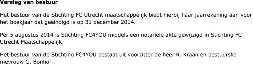 Per 5 augustus 2014 is Stichting FC4YOU middels een notariële akte gewijzigd in Stichting FC