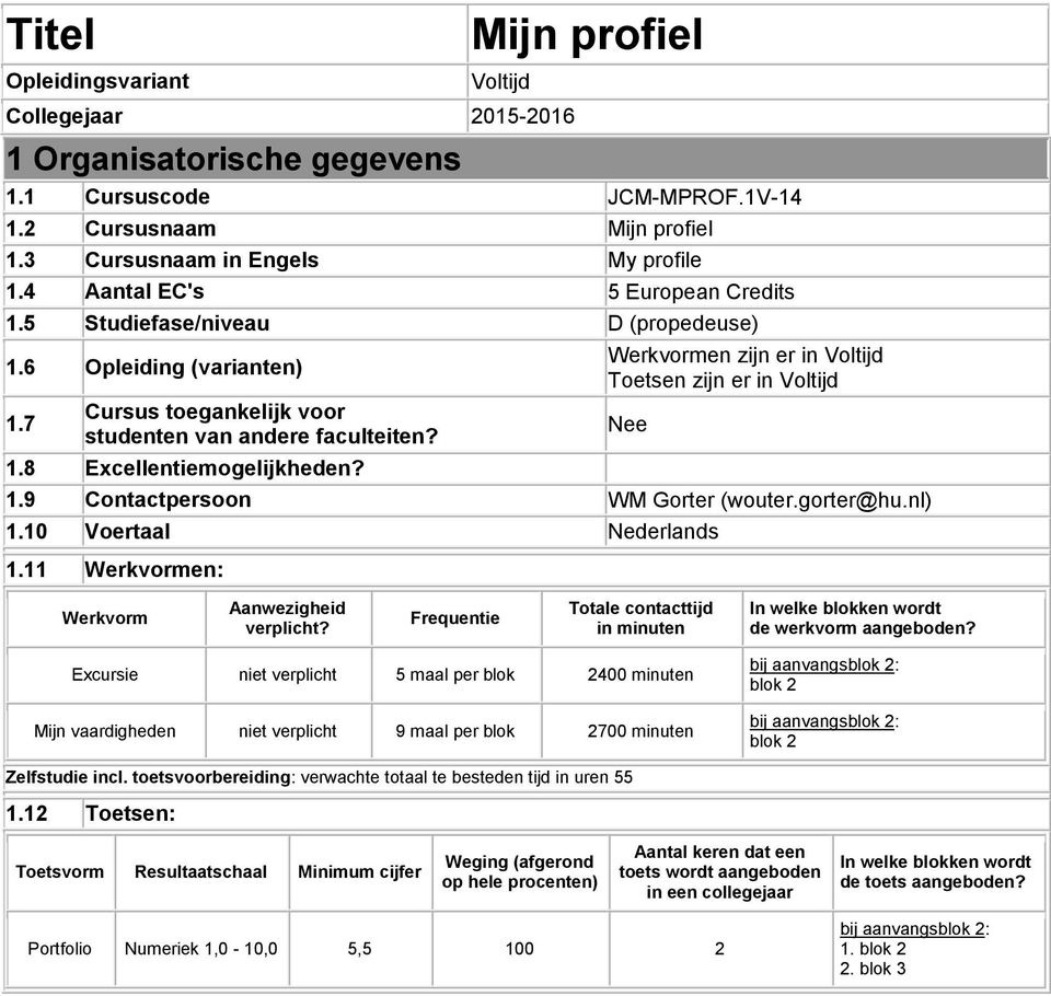 Werkvormen zijn er in Voltijd Toetsen zijn er in Voltijd 1.9 Contactpersoon WM Gorter (wouter.gorter@hu.nl) Nee 1.10 Voertaal Nederlands 1.11 Werkvormen: Werkvorm Aanwezigheid verplicht?