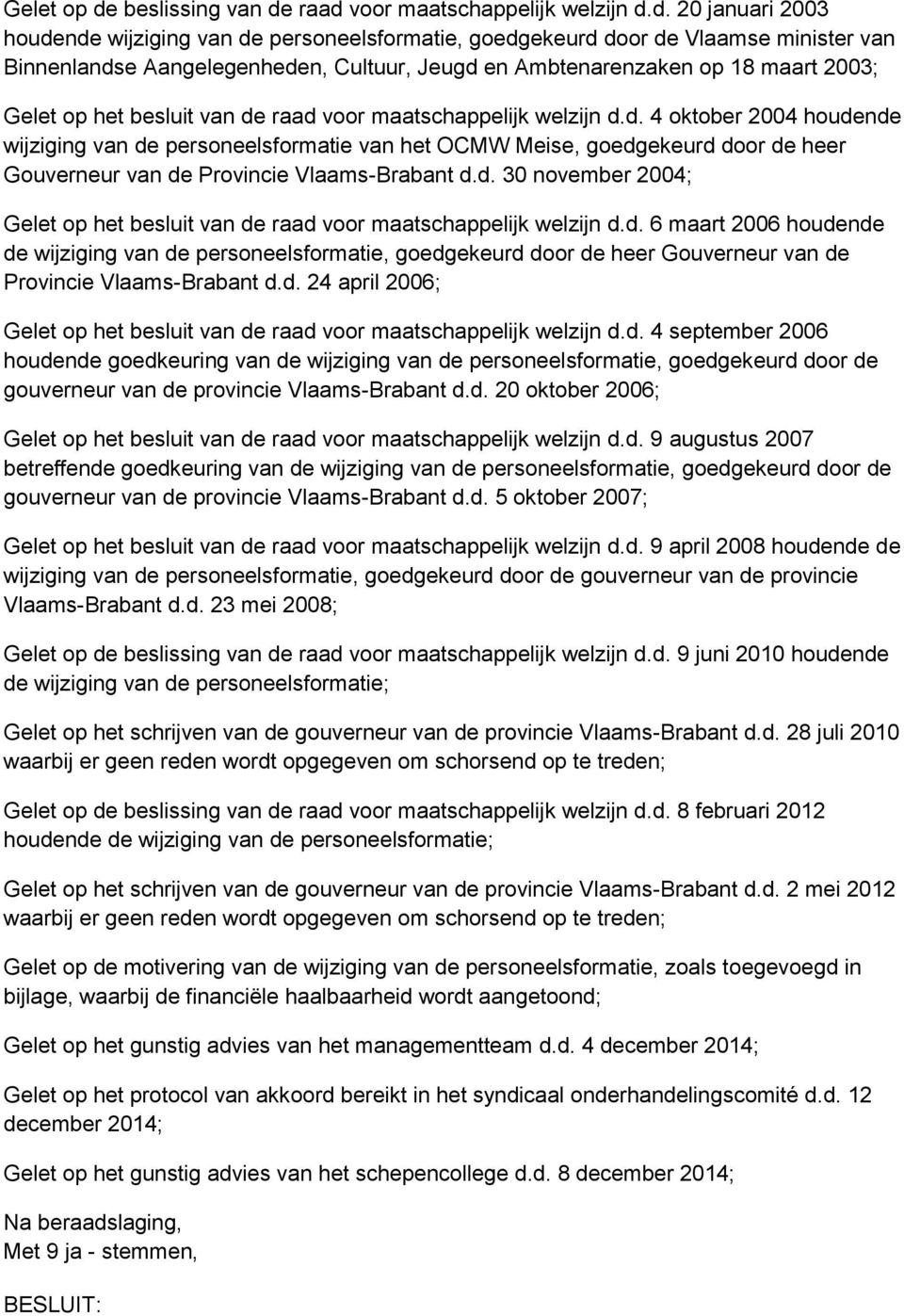 raad voor maatschappelijk welzijn d.d. 20 januari 2003 houdende wijziging van de personeelsformatie, goedgekeurd door de Vlaamse minister van Binnenlandse Aangelegenheden, Cultuur, Jeugd en