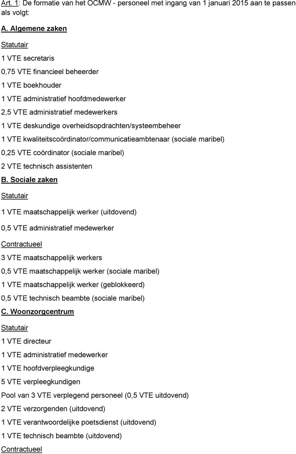 overheidsopdrachten/systeembeheer 1 VTE kwaliteitscoördinator/communicatieambtenaar (sociale maribel) 0,25 VTE coördinator (sociale maribel) 2 VTE technisch assistenten B.