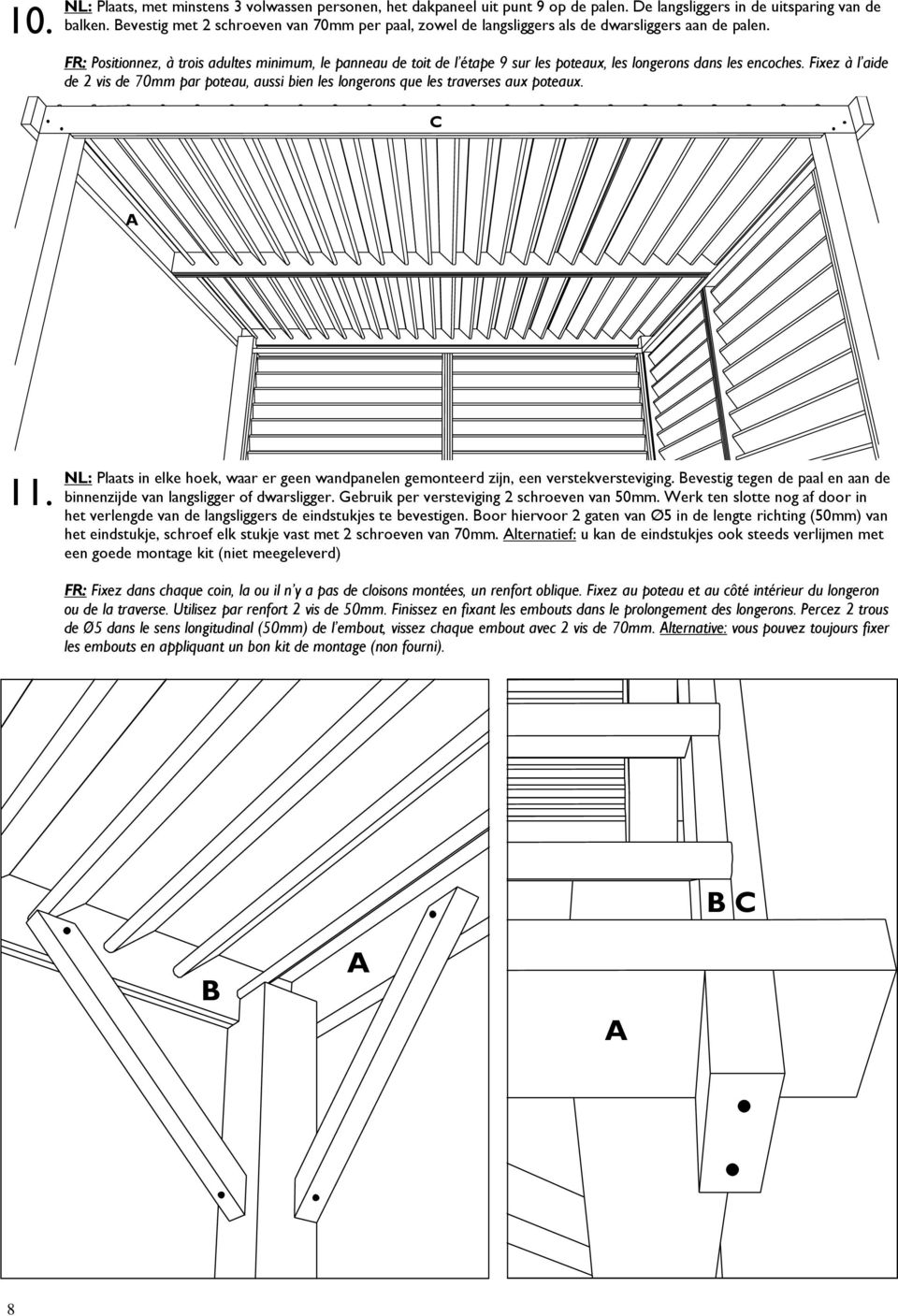 FR: Positionnez, à trois adultes minimum, le panneau de toit de l étape 9 sur les poteaux, les longerons dans les encoches.