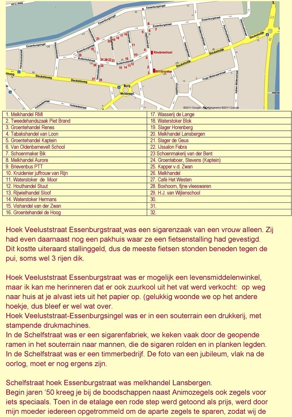 Brievenbus PTT 25. Kapper v.d. Zwan 10. Kruidenier juffrouw van Rijn 26. Melkhandel 11. Waterstoker de Moor 27. Café Het Westen 12. Houthandel Stuut 28. Boxhoorn, fijne vleeswaren 13.