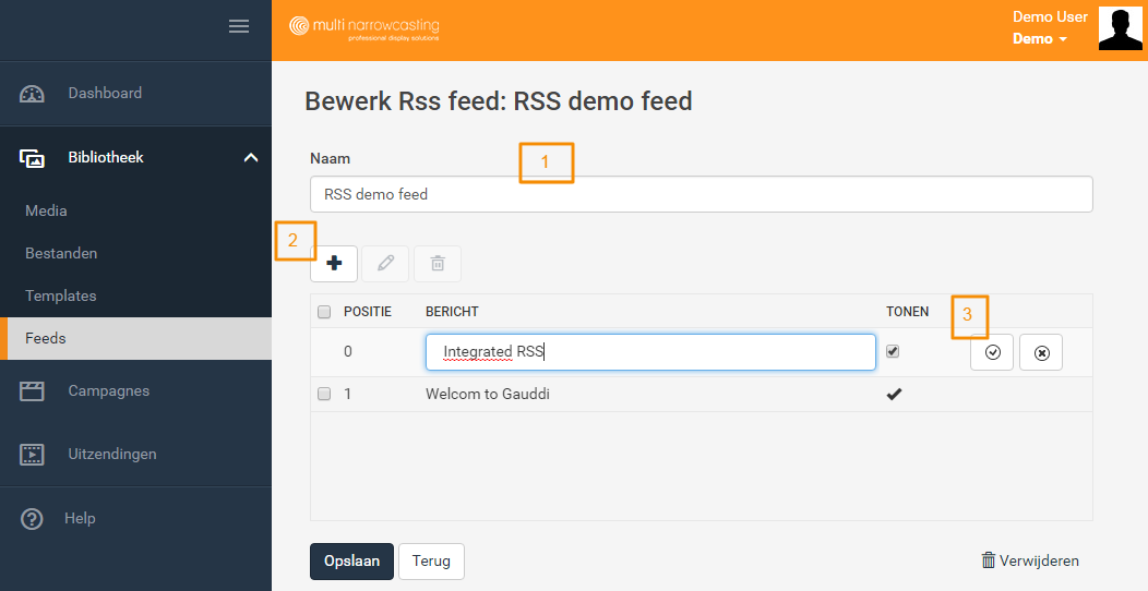 3.9 Feeds Multi narrowcasting Handleiding Page: 15 1. Klik Nieuw en selecteer de gewenste feeds. 3.9.1 RSS feeds Het narrowcasting platform ondersteunt het gebruik van RSS-feeds om live nieuws beschikbaar te stellen in de door jouw samengestelde uitzending.