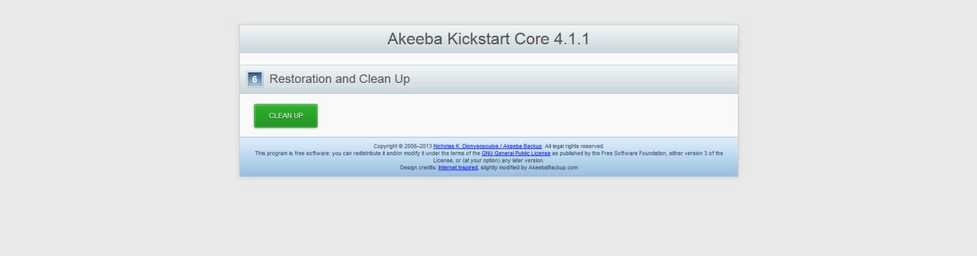 Sluit dit venster. Je keert terug naar het venster Akeeba Kickstart Core <versienr>. Klik hier op Clean Up.