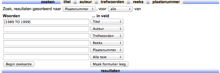 [ TO ]. TO met hoofdletters. Om te zoeken exclusief de grenswaarden gebruik accolades { TO }. Afbeelding 9 Zoeken op datums tussen genoemde data, inclusief de grenswaarden.