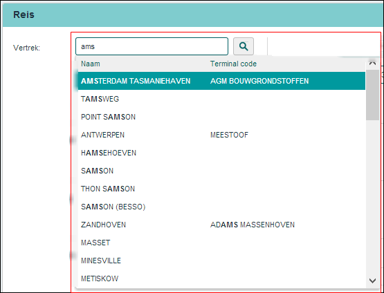 Afbeelding 2-8: Schermvoorbeeld Zoeken (letters) 3. Selecteer de gewenste locatie uit de lijst.