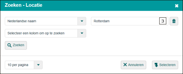 Afbeelding 2-13: Geavanceerd zoeken: veld 1 3. Selecteer een waarde uit deze lijst (1). 4. Vul in het veld rechts (3) van het geavanceerde zoekscherm een waarde in, bijvoorbeeld Rotterdam.