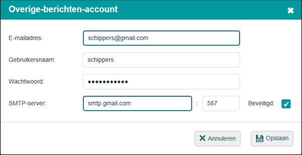 6.2.2 Overige-berichten-account In dit onderdeel kunt u de mailserver configureren die wordt gebruikt voor het versturen van bijvoorbeeld transportdocumenten en applicatielogs.