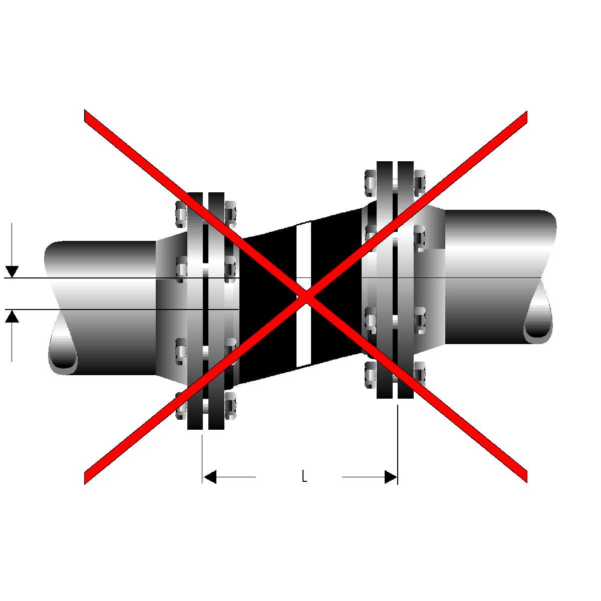 Voorbeeld: Een axiale beweging -30/+20 mm dient als volgt te worden verklaard: -30: de compensator mag 30 mm worden ingedrukt. +20: de compensator mag 20 mm. worden uitgerekt.